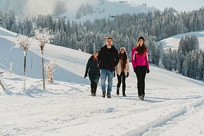 Vier Personen laufen in Winterkleidung durch eine schneebedeckte Landschaft mit bewaldeten Hügeln im Hintergrund.