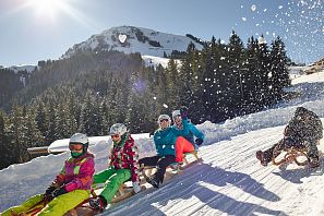 Freunde am rodeln bei schönem Wetter.