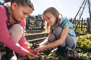 Mädchen Kinder mit Erde in Hand und kleiner Pflanze Hexenwasser Söll Thema Erdreich