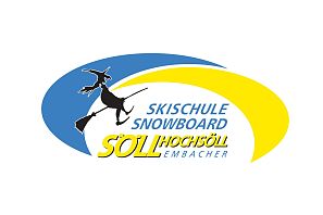 Logo mit einem Hexenmotiv und Schriftzug für eine Skischule Snowboard in Söll, Hochsöll Embacher.