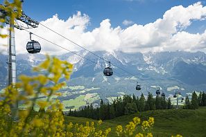 Seilbahnen schweben über eine grüne Landschaft mit Wiesen unter einem blauen Himmel. Im Hintergrund sind majestätische Berge zu sehen.
