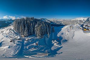 Eine weitläufige Winterlandschaft zeigt schneebedeckte Berge, einen klaren blauen Himmel und einen Wald aus hohen, mit Schnee bedeckten Bäumen. Pisten und Lifte sind sichtbar.