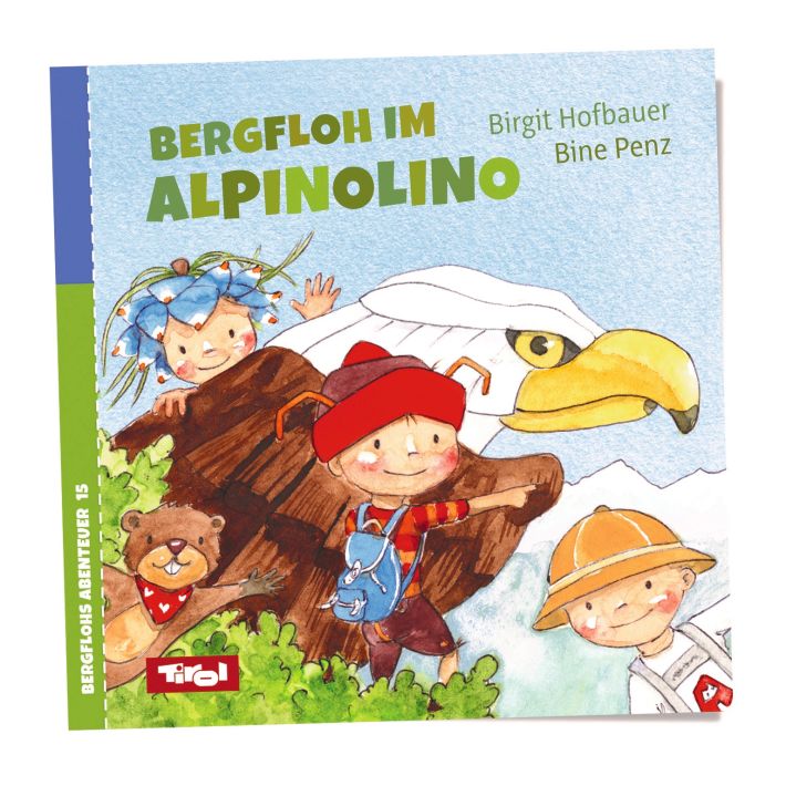 Eine farbenfrohe Buchillustration zeigt Kinder in Bergkleidung, die ein Abenteuer in den Alpen erleben. Ein großer Adler schwebt über ihnen und ein Bär ist nah.