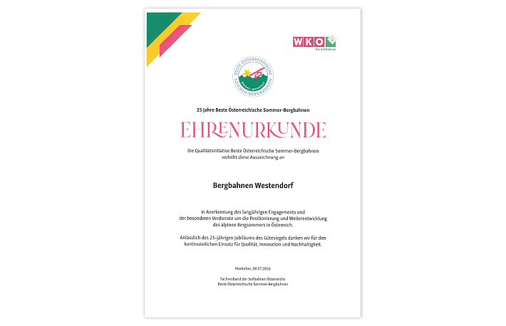 Ehrenurkunde für Berghbahnen Westendorf, ausgestellt von der Wirtschaftskammer Österreich, mit Logo und offiziellen Farben.