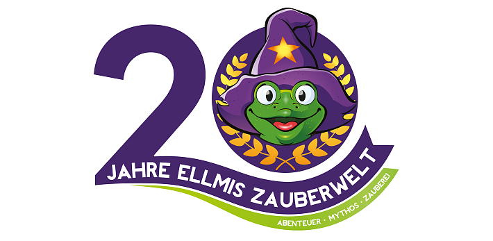 Logo feiert 20 Jahre Ellmis Zauberwelt mit einem fröhlichen Frosch und einem Zauberhut.