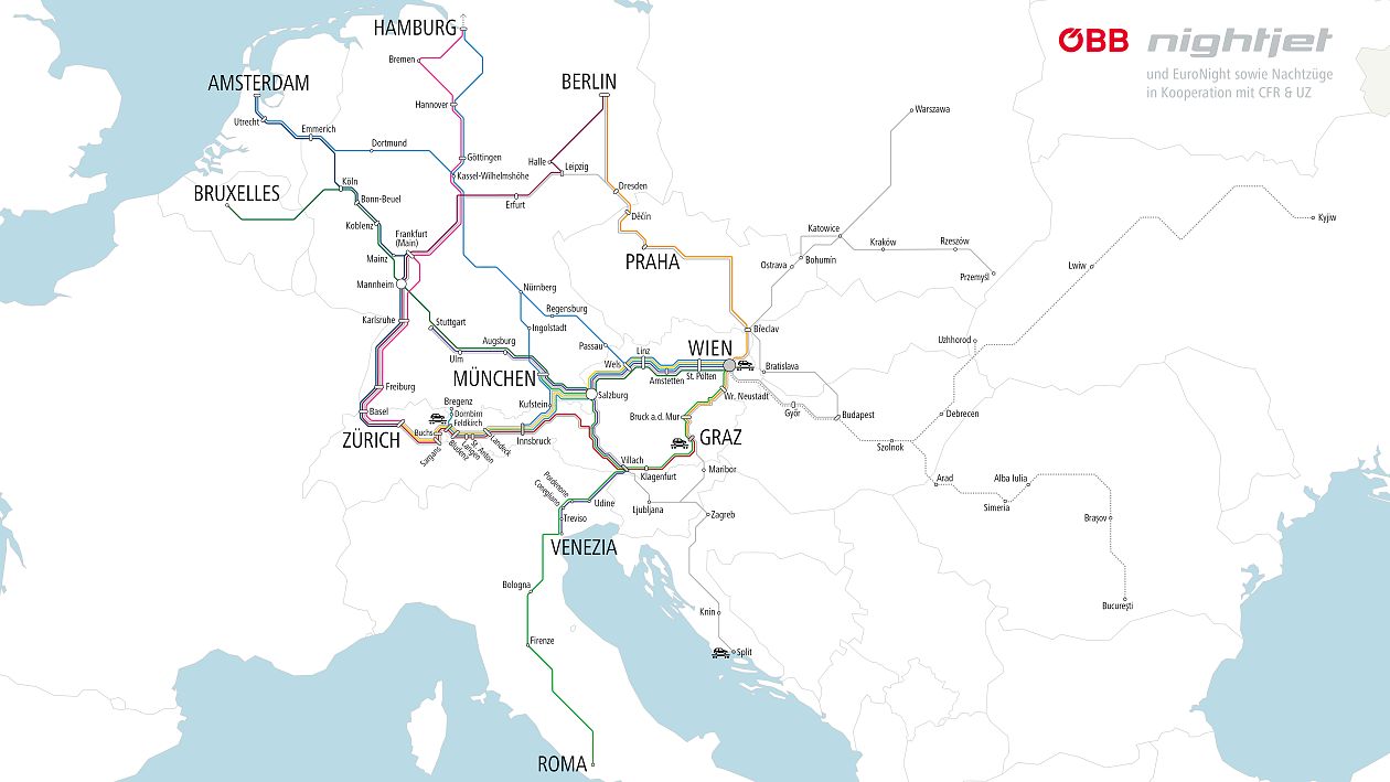 Eine Karte von Zentraleuropa, die das Netz von Nachtzügen zeigt. Die Linien verbinden Städte wie Wien, Berlin, München, Zürich und Rom.