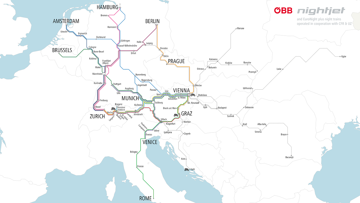 A detailed map showing the train routes connecting several major European cities including Berlin, Vienna, and Rome, with lines in various colors.