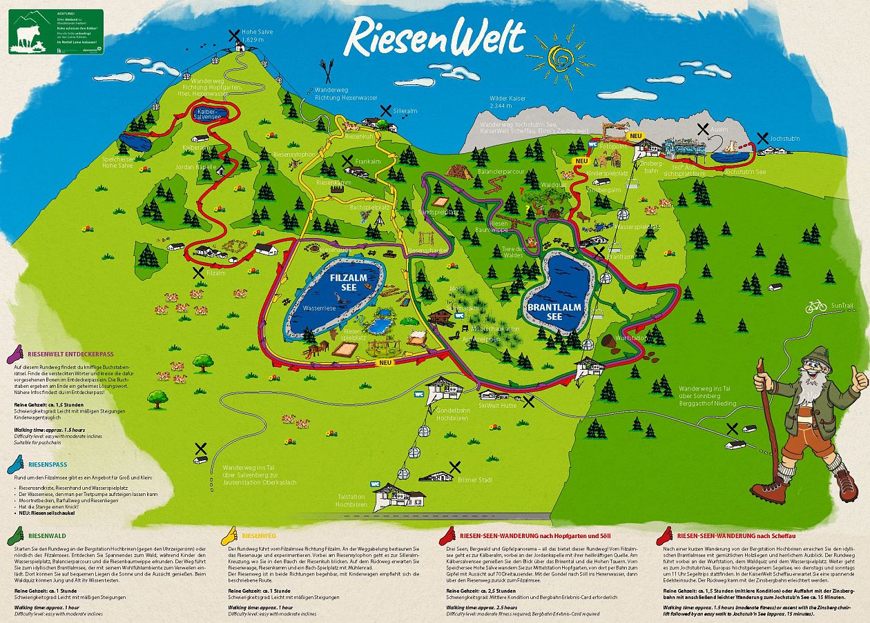 A colorful illustrated map titled 'RiesenWelt' depicting various trails, lakes, and landmarks in a mountainous area with a cartoon character figure.