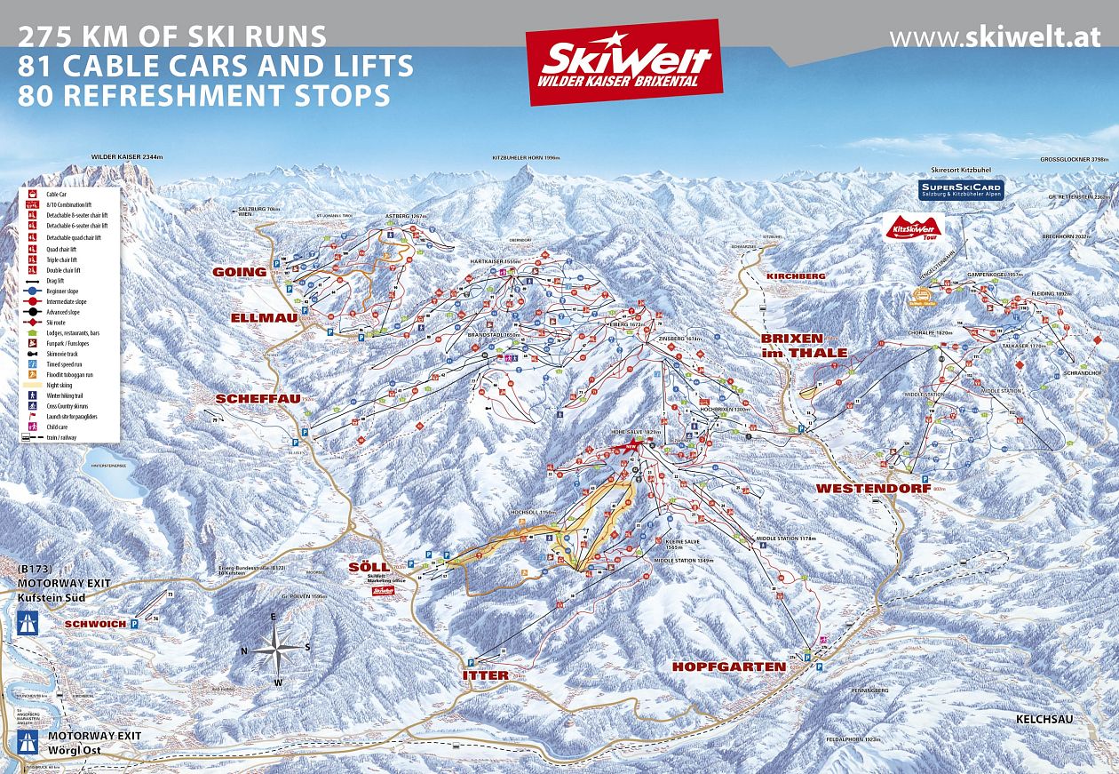 Map of SkiWelt ski resort with ski runs, lifts, and refreshment stops in an alpine setting.