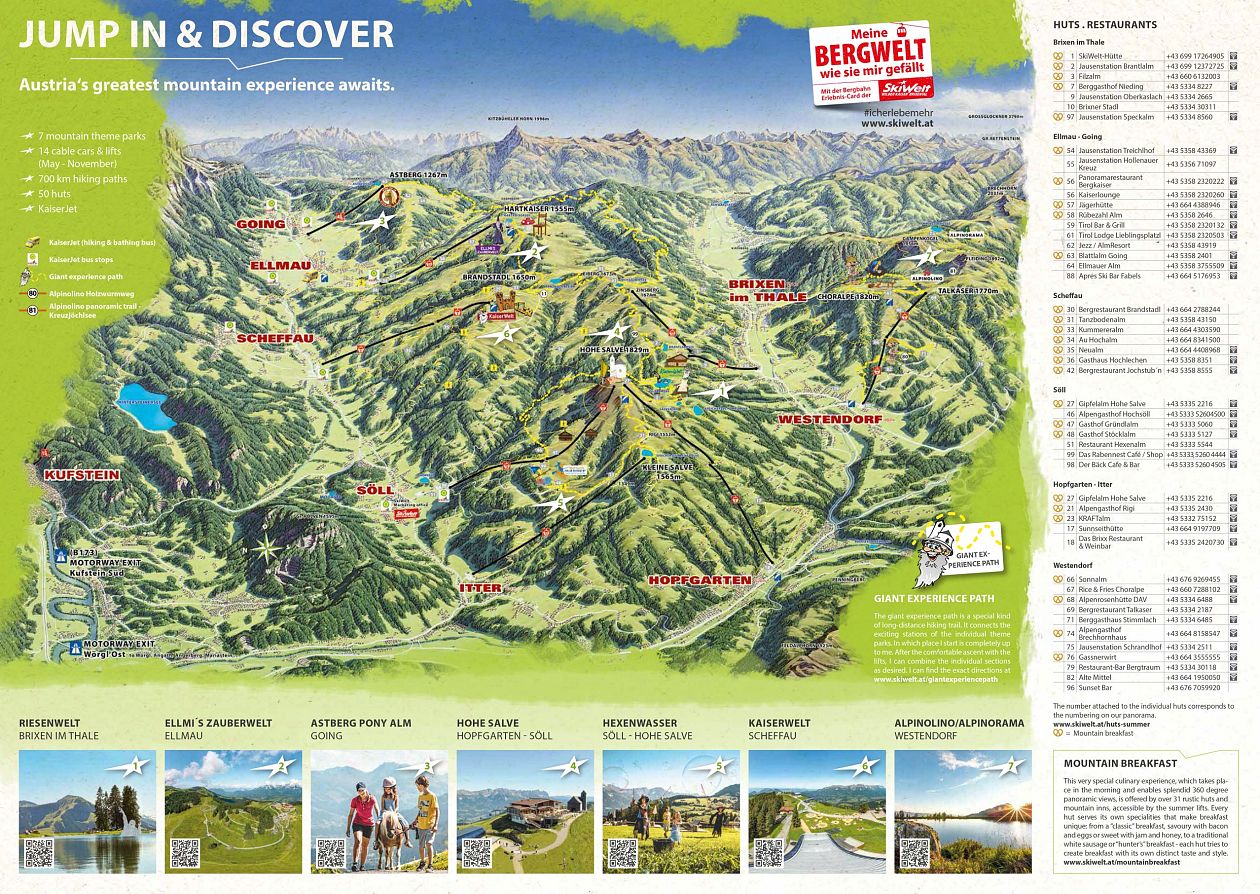 Sommer Karte der Bergwelt Wilder Kaiser Brixental mit Hütten, Restaurants, Ortschaften, Bergbahnen, Erlebniswelten eingezeichnet auf einer visualisierten Berglandschaft