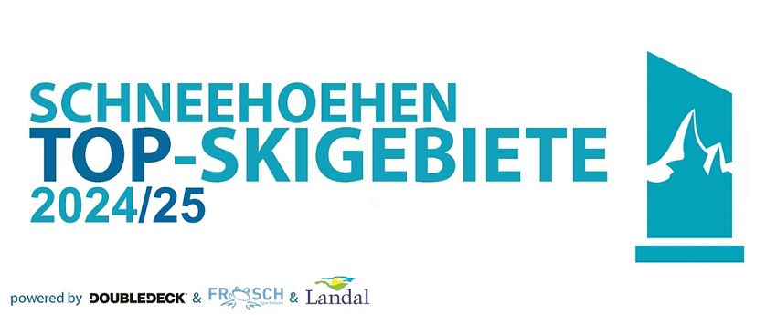 Logo der Auszeichnung ‚Schneehoehen Top-Skigebiete 2024/25 mit stilisiertem Bergsymbol und den Partnern
