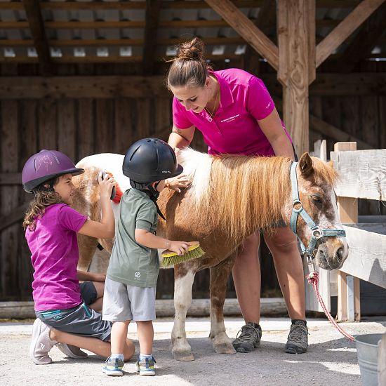 Zwei Kinder striegeln mit Unterstützung einer Betreuerin liebevoll ein Pony auf der Astberg Ponyalm in Going.