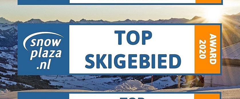 Drei Snowplaza.nl Awards 2020 auf winterlichem Hintergrund: Top-Skigebiet für Anfänger, Top-Skigebiet allgemein und Top-Skigebiet für Familien.