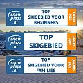 Drei Snowplaza.nl Awards 2020 auf winterlichem Hintergrund: Top-Skigebiet für Anfänger, Top-Skigebiet allgemein und Top-Skigebiet für Familien.
