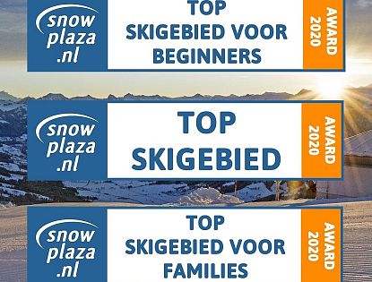 Drei Snowplaza.nl Awards 2020 auf winterlichem Hintergrund: Top-Skigebiet für Anfänger, Top-Skigebiet allgemein und Top-Skigebiet für Familien.