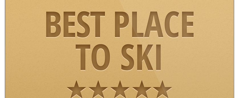 Schriftzug Best Place to Ski in großen, braunen Buchstaben auf goldenem Hintergrund