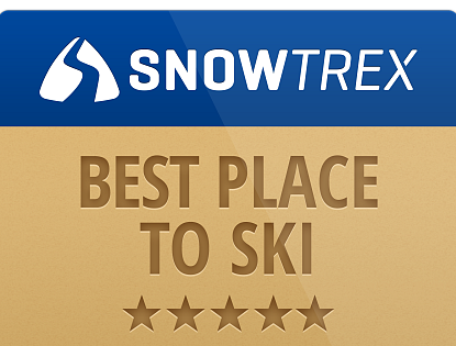 Schriftzug Best Place to Ski in großen, braunen Buchstaben auf goldenem Hintergrund
