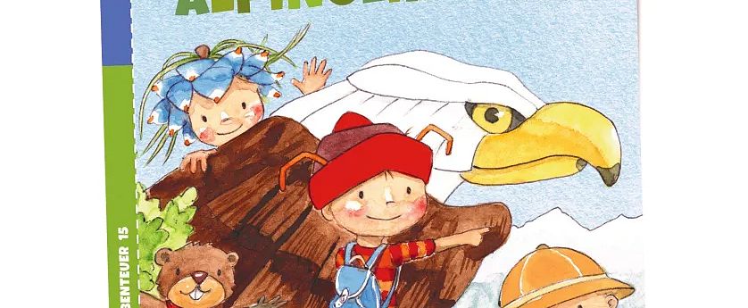 Eine farbenfrohe Buchillustration zeigt Kinder in Bergkleidung, die ein Abenteuer in den Alpen erleben. Ein großer Adler schwebt über ihnen und ein Bär ist nah.