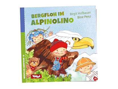Eine farbenfrohe Buchillustration zeigt Kinder in Bergkleidung, die ein Abenteuer in den Alpen erleben. Ein großer Adler schwebt über ihnen und ein Bär ist nah.