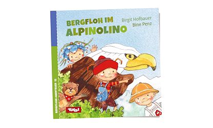 Eine farbenfrohe Buchillustration zeigt Kinder in Bergkleidung, die ein Abenteuer in den Alpen erleben. Ein großer Adler schwebt über ihnen und ein Bär ist nah.