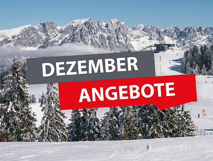 Ein verschneites Bergpanorama mit schneebedeckten Bäumen im Vordergrund. Grafiktexte in kräftigen Farben heben Aktionen im Dezember hervor.