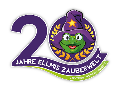 Logo feiert 20 Jahre Ellmis Zauberwelt mit einem fröhlichen Frosch und einem Zauberhut.