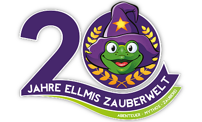 Een kleurig logo ter gelegenheid van het 20-jarig bestaan van Ellmis Zauberwelt, met een vrolijke kikker in een tovenaarshoesje en sterren.