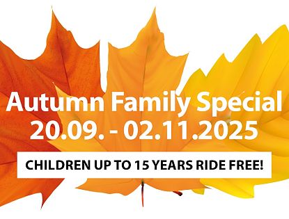 Graphic with colorful autumn leaves and the text: Family Autumn Weeks 20.09 – 02.11.2025 – Children up to 15 years ride free!