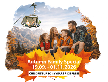 Graphic with colorful autumn leaves and the text: Family Autumn Weeks 20.09 – 02.11.2025 – Children up to 15 years ride free!