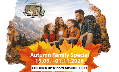 Graphic with colorful autumn leaves and the text: Family Autumn Weeks 20.09 – 02.11.2025 – Children up to 15 years ride free!