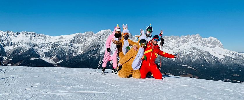 Eine Gruppe von Menschen in bunten Tierkostümen posiert fröhlich auf einer schneebedeckten Bergspitze mit blauem Himmel und majestätischen Bergen im Hintergrund.