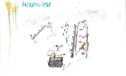 Skizze von Erweiterung Übungsbereich Hexenwiese in Söll 2025 an Talstation in SkiWelt Söll für Kinder mit Hexenthema