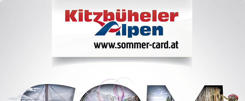 Das Bild zeigt den Schriftzug „SOMMERCARD“, der aus verschiedenen Aktivitäten im Freien besteht. Dazu zählen Wandern, Radfahren und Wassersport. Eine bunte, lebendige Darstellung der Sommerfreuden.
