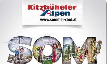 Das Bild zeigt den Schriftzug „SOMMERCARD“, der aus verschiedenen Aktivitäten im Freien besteht. Dazu zählen Wandern, Radfahren und Wassersport. Eine bunte, lebendige Darstellung der Sommerfreuden.