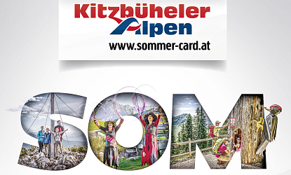 Das Bild zeigt den Schriftzug „SOMMERCARD“, der aus verschiedenen Aktivitäten im Freien besteht. Dazu zählen Wandern, Radfahren und Wassersport. Eine bunte, lebendige Darstellung der Sommerfreuden.