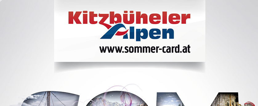 Das Bild zeigt den Schriftzug „SOMMERCARD“, der aus verschiedenen Aktivitäten im Freien besteht. Dazu zählen Wandern, Radfahren und Wassersport. Eine bunte, lebendige Darstellung der Sommerfreuden.