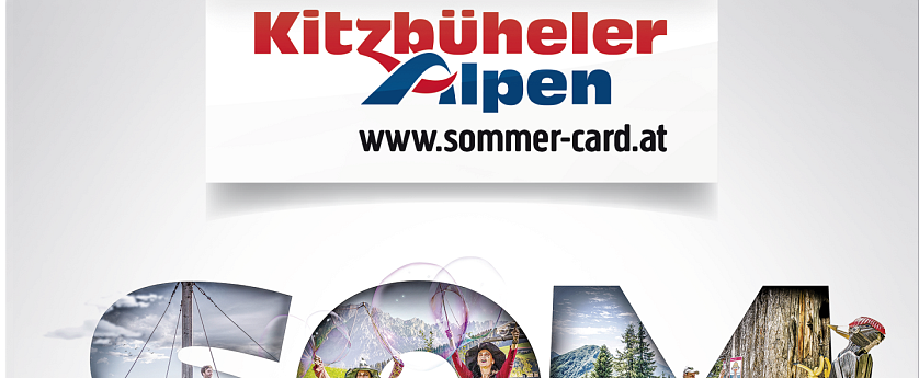 Das Bild zeigt den Schriftzug „SOMMERCARD“, der aus verschiedenen Aktivitäten im Freien besteht. Dazu zählen Wandern, Radfahren und Wassersport. Eine bunte, lebendige Darstellung der Sommerfreuden.