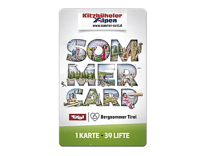 Grafik eines Werbeflyers für die Kitzbüheler Alpen Sommer Card. Text: "Sommercard" aus Bildern, mit Logos von Tirol und Bergsommer Tirol. Unten: "1 Karte - 39 Lifte".