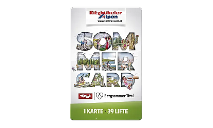 Grafik eines Werbeflyers für die Kitzbüheler Alpen Sommer Card. Text: "Sommercard" aus Bildern, mit Logos von Tirol und Bergsommer Tirol. Unten: "1 Karte - 39 Lifte".