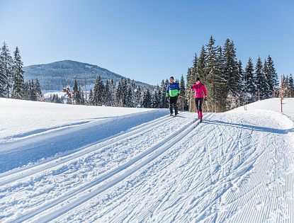 Zwei Personen beim Wintertraining auf einer verschneiten Langlaufloipe, umgeben von Schneebedeckten Bäumen und Bergen unter strahlend blauem Himmel.