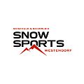 Snowsport Westendorf Logo, schwarze Schrift Snow Sports und rote Schrift Skischule &amp; Skiverleih, Westendorf mit Berggrafik