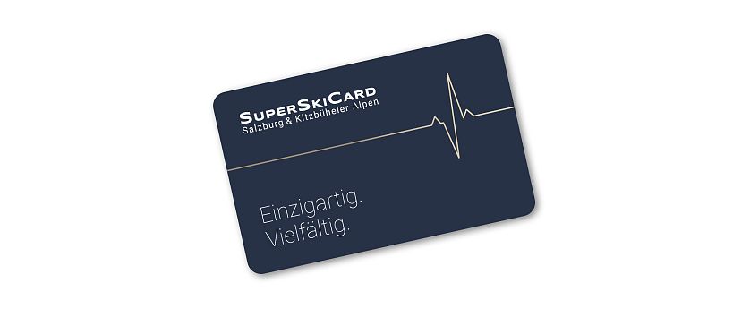 Blaue SuperSkiCard mit Aufschrift: Einzigartig. Vielfältig