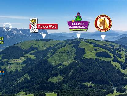 Panoramablick auf eine Berglandschaft mit Logos verschiedener Attraktionen: KaiserWelt, Ellmi's Zauberwelt und Alpinolino Kinderspielpark.