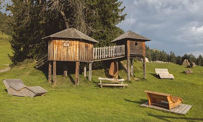 Zweiteiliges Baumhaus mit Brücke verbunden, steht unter Nadelbaum auf Almwiese mit Holzliegen rundherum