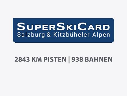 Promotional image for SuperSkiCard showcasing 2843 km of slopes and 938 lifts in Salzburg and Kitzbühel Alps region.
