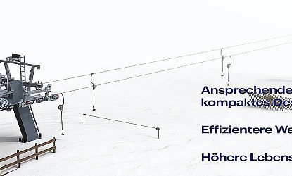 Visualisierung einer Skiliftanlage auf verschneiter Fläche mit kompaktem Design und klaren Vorteilen wie effizienter Wartung und langer Lebensdauer.