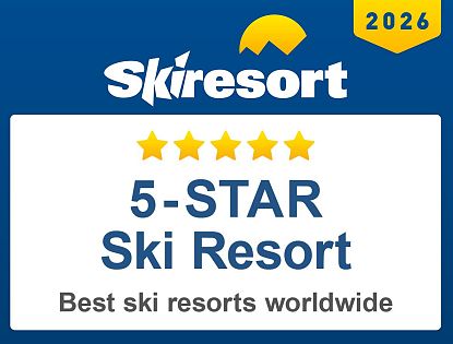 Logo for a 5-star ski resort, featuring the text 'Skiresort', a star rating, and a badge indicating it's among the best ski resorts worldwide for 2026.
