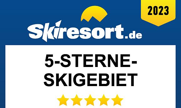 Grafik mit dem Logo von Skiresort.de und der Auszeichnung „5-Sterne-Skigebiet 2023 – Die besten Skigebiete weltweit“