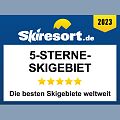 Grafik mit dem Logo von Skiresort.de und der Auszeichnung „5-Sterne-Skigebiet 2023 – Die besten Skigebiete weltweit“