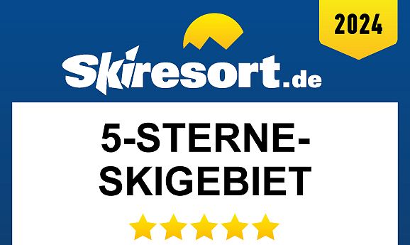 Grafik mit dem Logo von Skiresort.de und der Auszeichnung „5-Sterne-Skigebiet 2024 – Die besten Skigebiete weltweit“